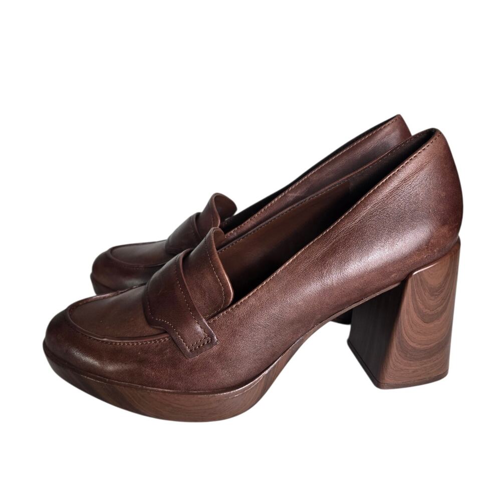 Naturalizer Amble Penny Loafer Platform Heels Brown Leather Pumps Chunky Block 8